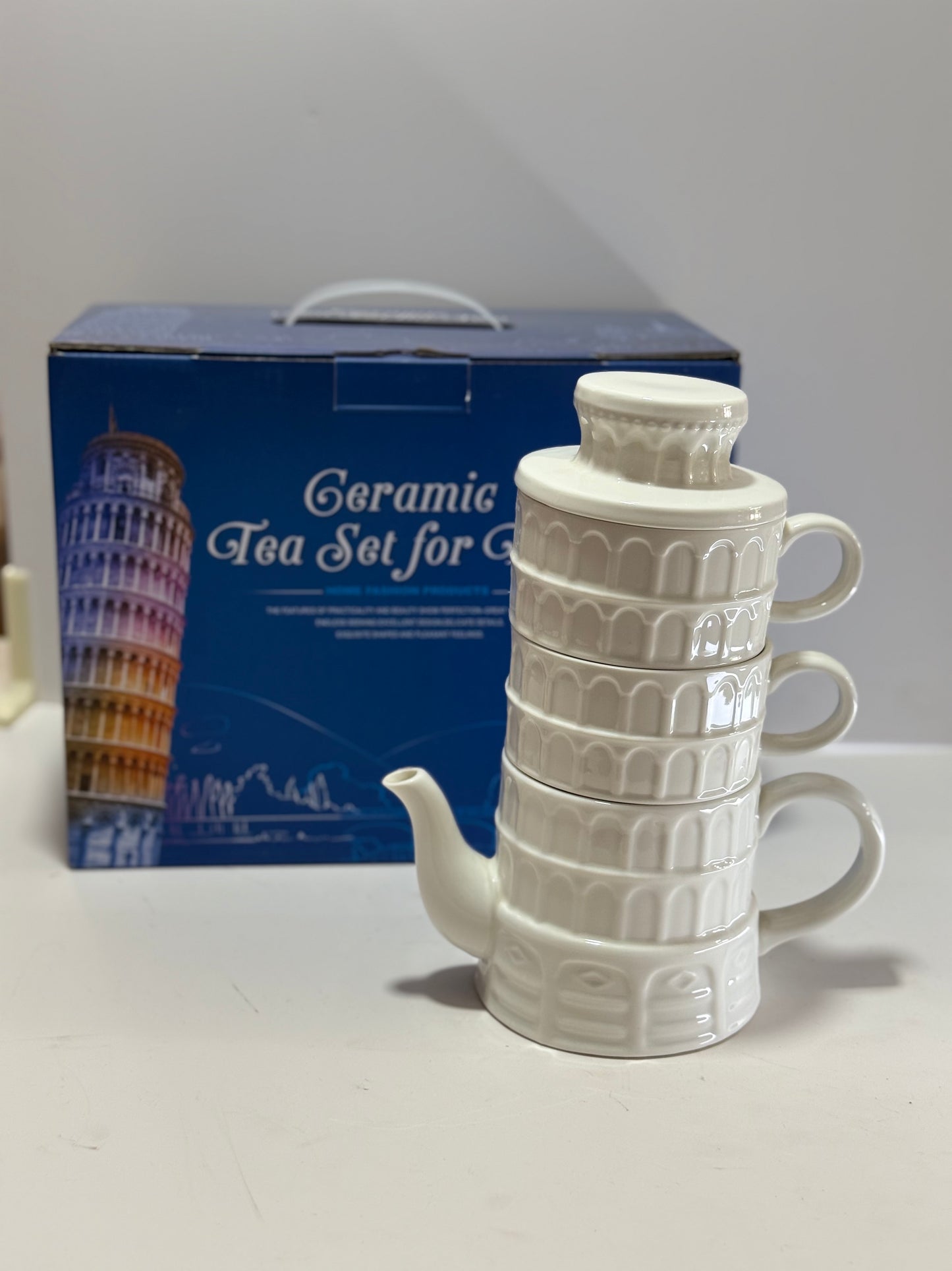 Roman-Inspired Ceramic Tea Set with Stackable Teapot & 2 Cups