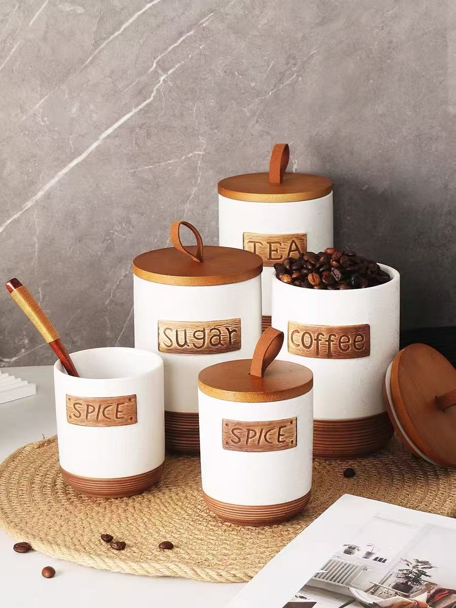 Ceramic Canister Set with bamboo lid and shelf