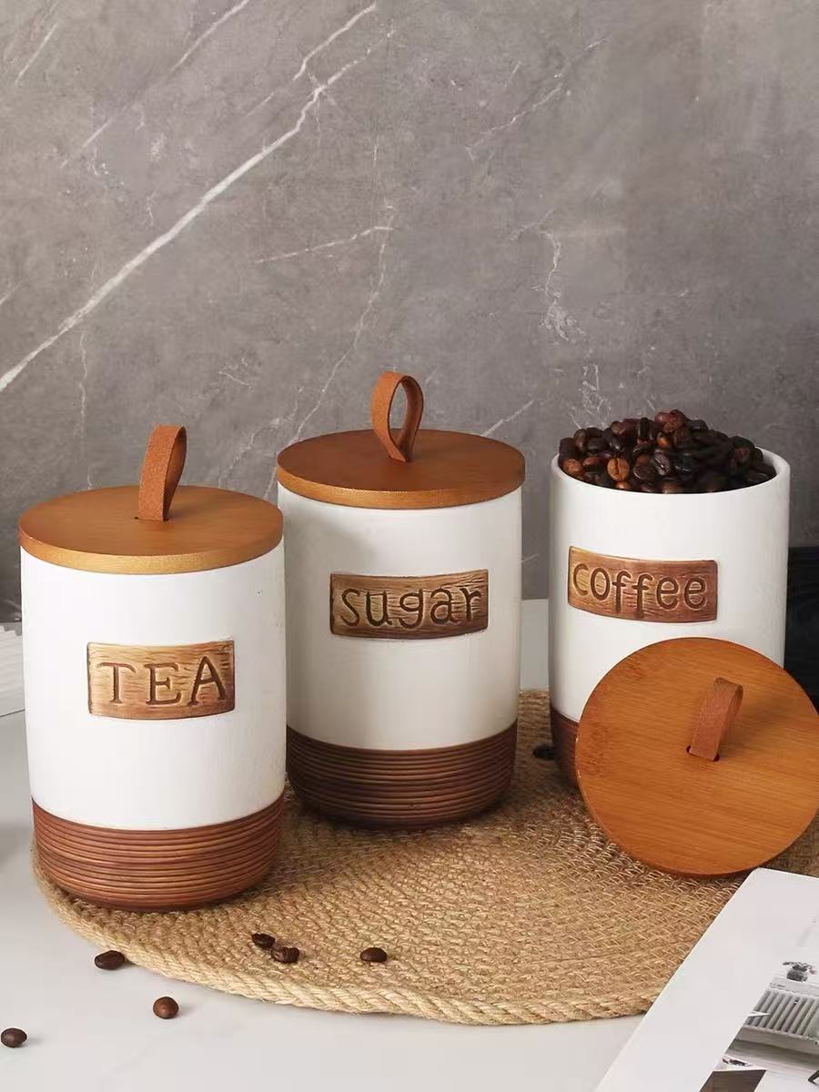 Ceramic Canister Set with bamboo lid and shelf