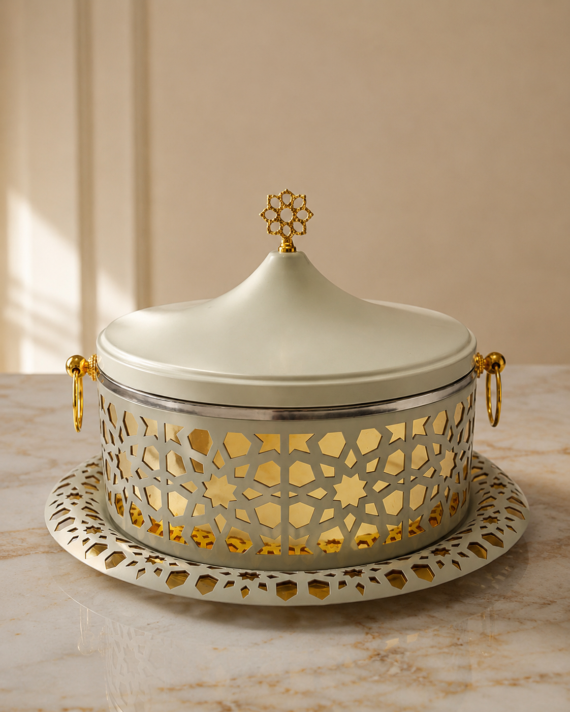 White & Gold Arabesque Food Warmer Set – 2 Pieces