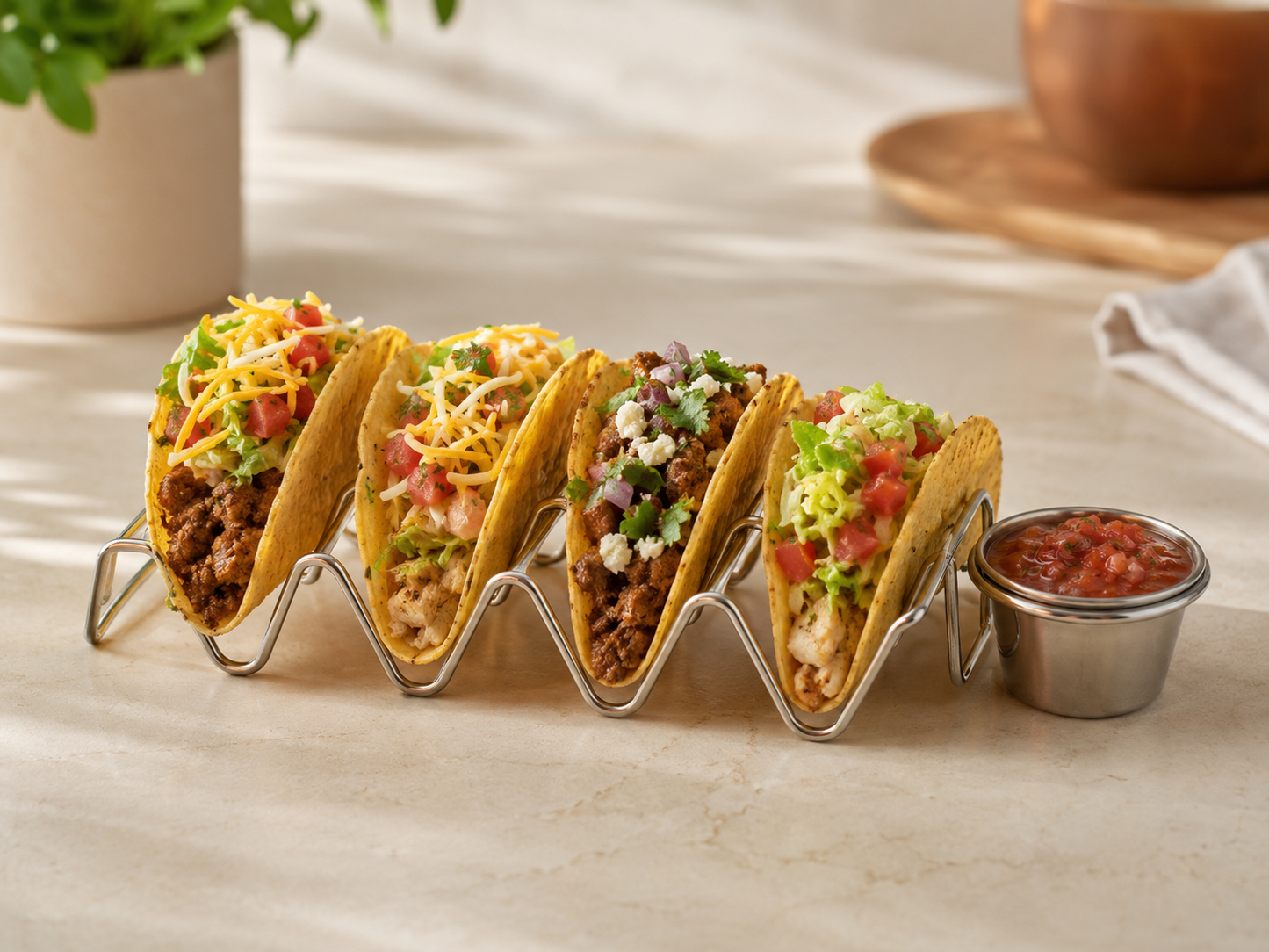 Stainless Steel Taco Holder with Sauce Cup