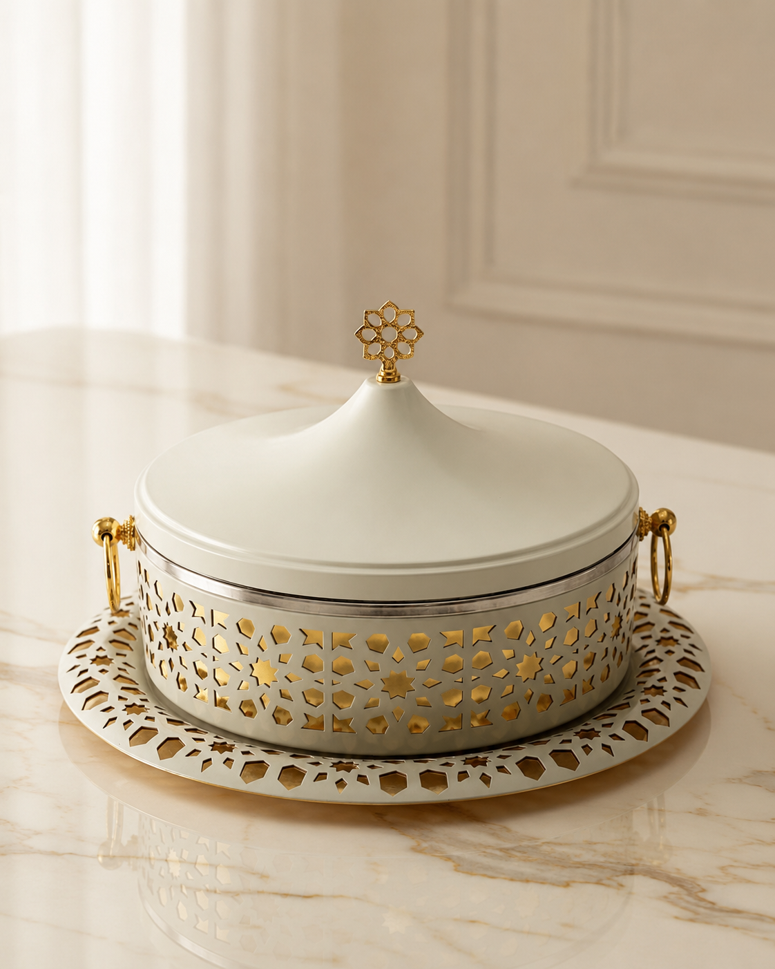 White & Gold Arabesque Food Warmer Set – 2 Pieces