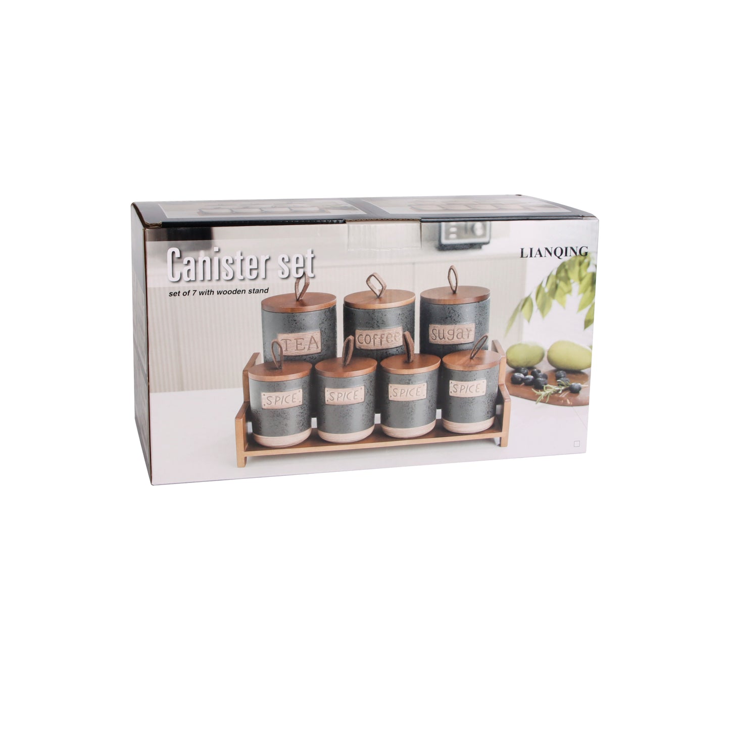 Ceramic Canister Set  with bamboo lid and shelf