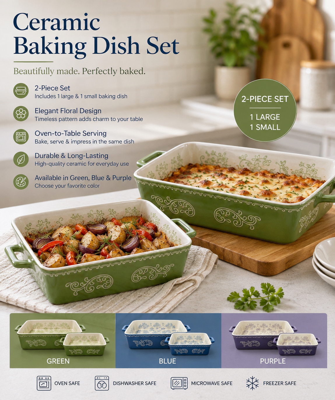 Floral Ceramic Baking Dish Set – 2 Piece