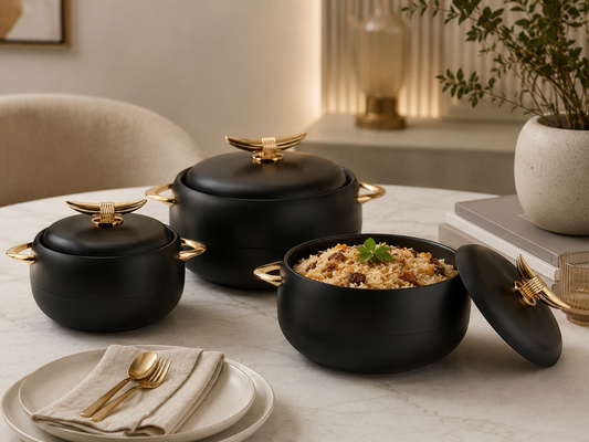 Matte Black & Gold Food Warmer Set – 3 Pieces