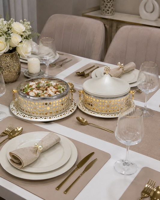 White & Gold Arabesque Food Warmer Set – 2 Pieces