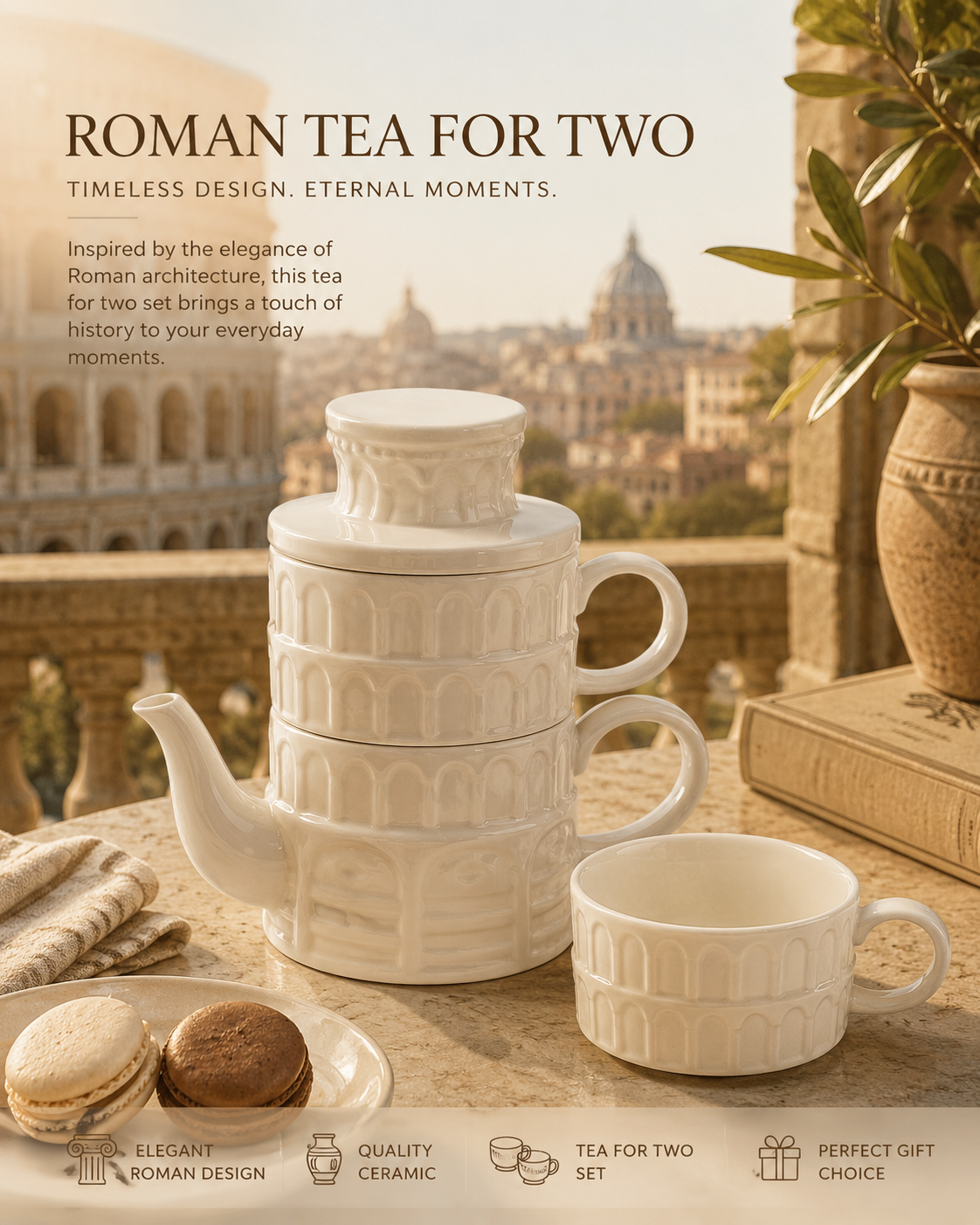 Roman-Inspired Ceramic Tea Set with Stackable Teapot & 2 Cups