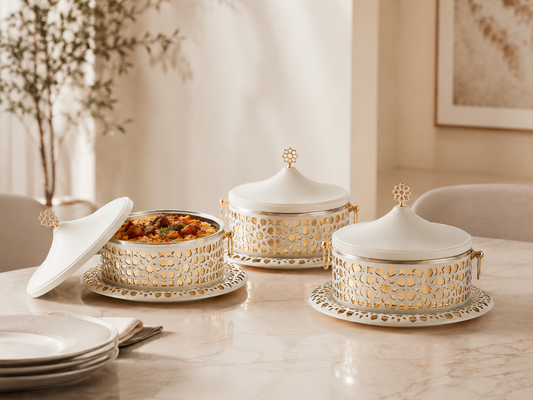 White & Gold Arabesque Food Warmer Set – 3 Pieces