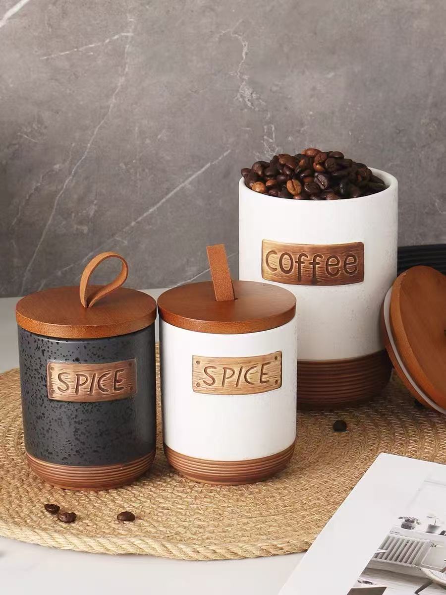 Ceramic Canister Set  with bamboo lid and shelf